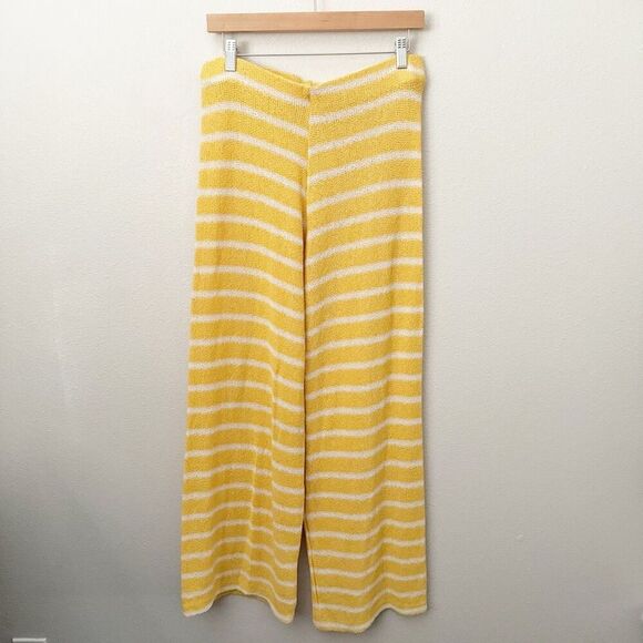 ZARA | Yellow White Stripe High Waist Knit Wide Leg Trousers Pull On | Large - Picture 2 of 6